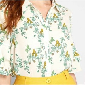 NWT Modcloth "Ruffle & Ready" Sheer Button-Up Blouse w/ Cactus Pattern Top XL
